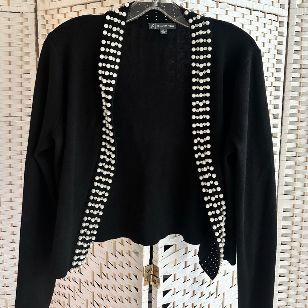 Adrianna Papell Black Cardigan with Faux Pearl and Rhinestone Details
